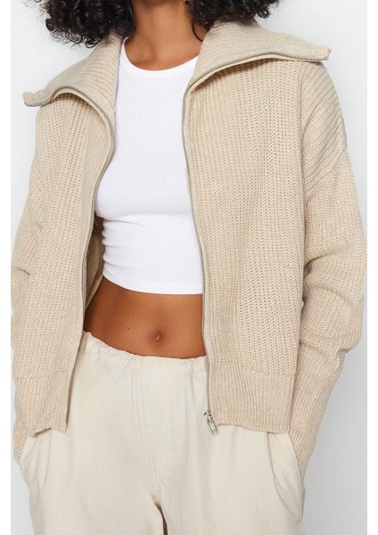 Kadın Moda Şık Regular Devrik Yaka Oversize Geniş Kalıp Devrik Yaka Fermuarlı Triko Hırka fırsatları