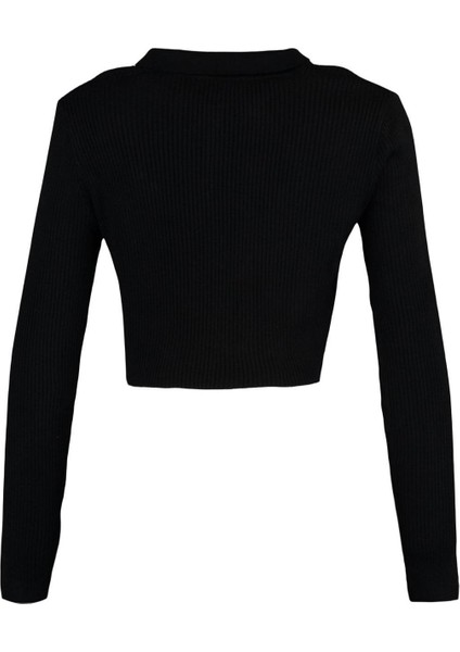 Kadın Moda Şık Crop Polo Yaka Slim Crop Fermuarlı Triko Hırka