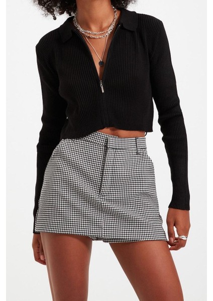 Kadın Moda Şık Crop Polo Yaka Slim Crop Fermuarlı Triko Hırka fiyatları