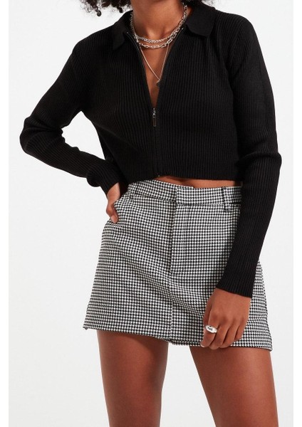 Kadın Moda Şık Crop Polo Yaka Slim Crop Fermuarlı Triko Hırka modelleri