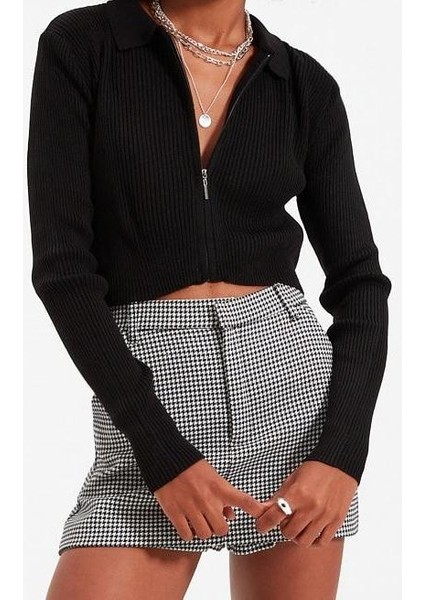 Kadın Moda Şık Crop Polo Yaka Slim Crop Fermuarlı Triko Hırka fırsatları
