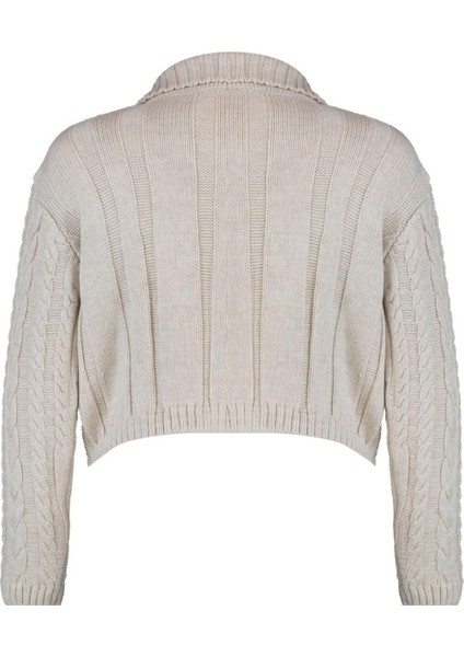 Kadın Moda Şık Crop Polo Yaka Regular Crop Polo Yaka Triko Hırka