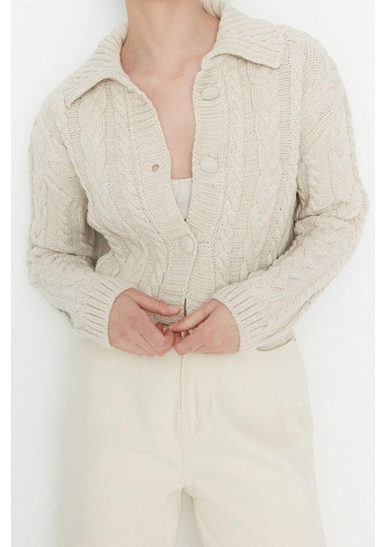 Kadın Moda Şık Crop Polo Yaka Regular Crop Polo Yaka Triko Hırka modelleri
