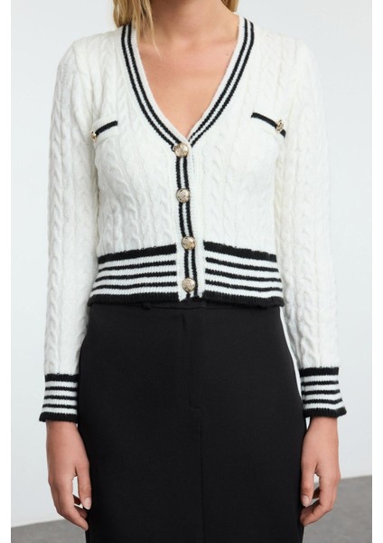 Kadın Moda Şık Crop V Yaka Slim Crop Yumuşak Dokulu Renk Bloklu Triko Hırka