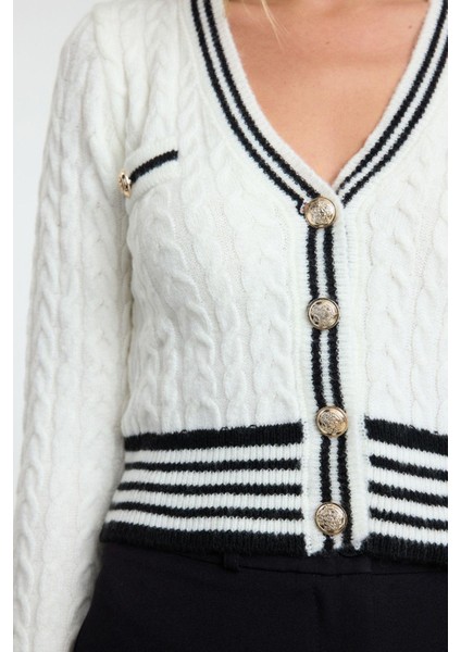 Kadın Moda Şık Crop V Yaka Slim Crop Yumuşak Dokulu Renk Bloklu Triko Hırka