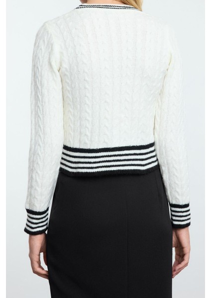 Kadın Moda Şık Crop V Yaka Slim Crop Yumuşak Dokulu Renk Bloklu Triko Hırka