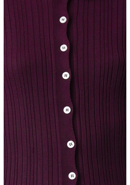 Kadın Moda Şık Regular Polo Yaka Slim Fitilli Polo Yaka Triko Hırka