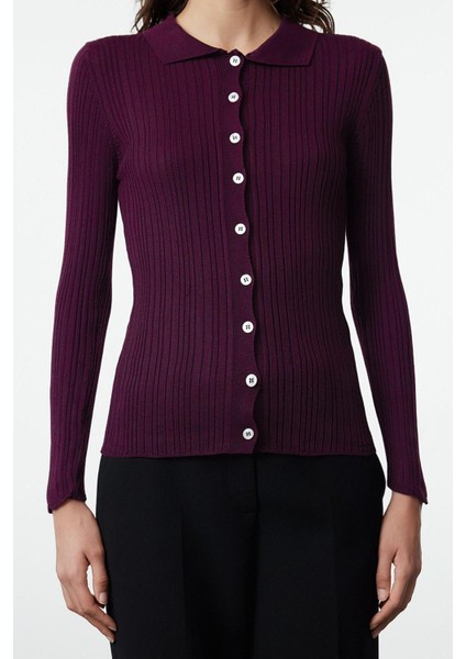 Kadın Moda Şık Regular Polo Yaka Slim Fitilli Polo Yaka Triko Hırka