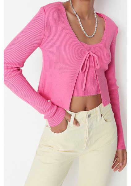Kadın Moda Şık Crop V Yaka Slim Crop Bağlama Detaylı Bluz-Hırka Triko Takım Triko Hırka fiyatları