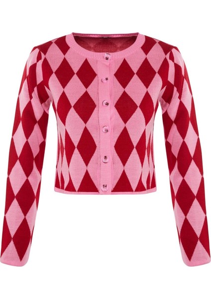 Kadın Moda Şık Crop Bisiklet Yaka Slim Crop Desenli Jakarlı Ceket Görünümlü Triko Hırka