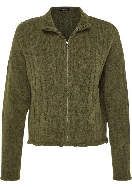Kadın Moda Şık Crop Dik Yaka Regular Crop Yumuşak Dokulu Fermuarlı Saç Örgülü Triko Hırka