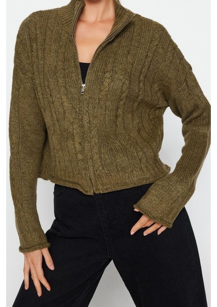 Kadın Moda Şık Crop Dik Yaka Regular Crop Yumuşak Dokulu Fermuarlı Saç Örgülü Triko Hırka fırsatları