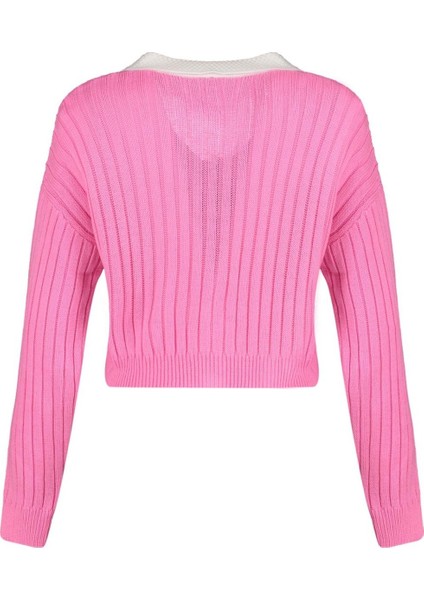 Kadın Moda Şık Crop Bebe Yaka Regular Süper Crop Gömlek Yaka Garnili Triko Hırka