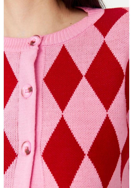 Kadın Moda Şık Crop Bisiklet Yaka Slim Crop Desenli Jakarlı Ceket Görünümlü Triko Hırka