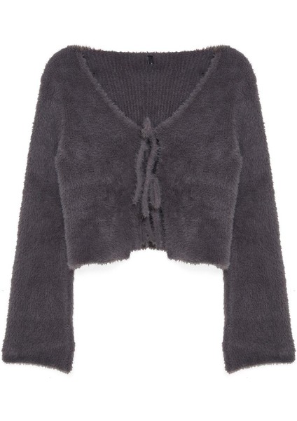 Kadın Moda Şık Crop V Yaka Regular Crop Tüylü Bağlama Detaylı Triko Hırka