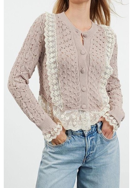 Kadın Moda Şık Crop Bisiklet Yaka Regular Crop Dantelli Ajurlu Delikli Triko Hırka modelleri