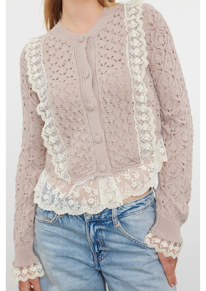 Kadın Moda Şık Crop Bisiklet Yaka Regular Crop Dantelli Ajurlu Delikli Triko Hırka fırsatları