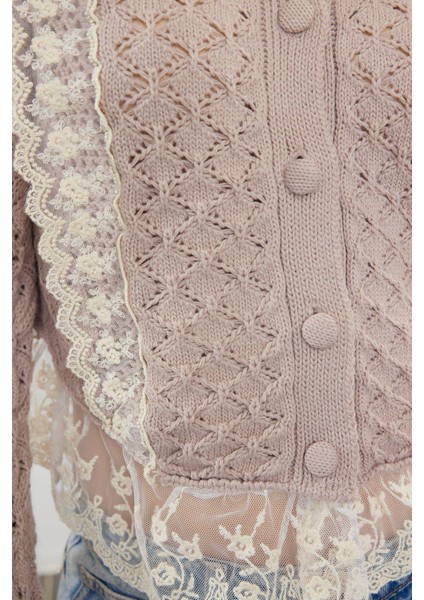 Kadın Moda Şık Crop Bisiklet Yaka Regular Crop Dantelli Ajurlu Delikli Triko Hırka indirimleri