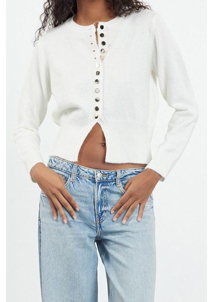 Kadın Moda Şık Regular Bisiklet Yaka Regular Basic Düğmeli Ceket Görünümlü Triko Hırka