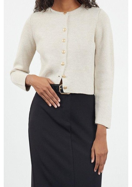 Kadın Moda Şık Crop Bisiklet Yaka Regular Crop Ceket Görünümlü Triko Hırka modelleri
