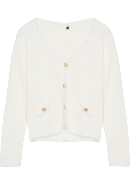 Kadın Moda Şık Regular V Yaka Regular Tüylü Triko Hırka