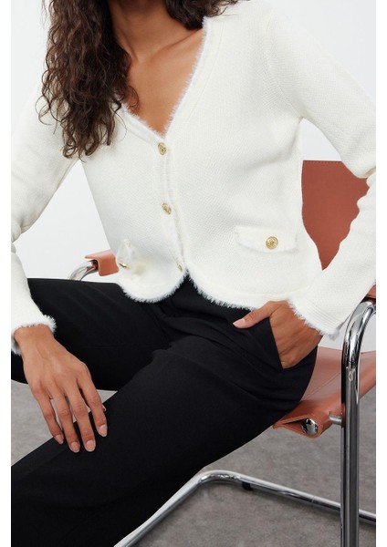 Kadın Moda Şık Regular V Yaka Regular Tüylü Triko Hırka fiyatları