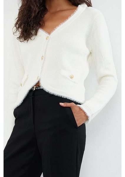 Kadın Moda Şık Regular V Yaka Regular Tüylü Triko Hırka modelleri