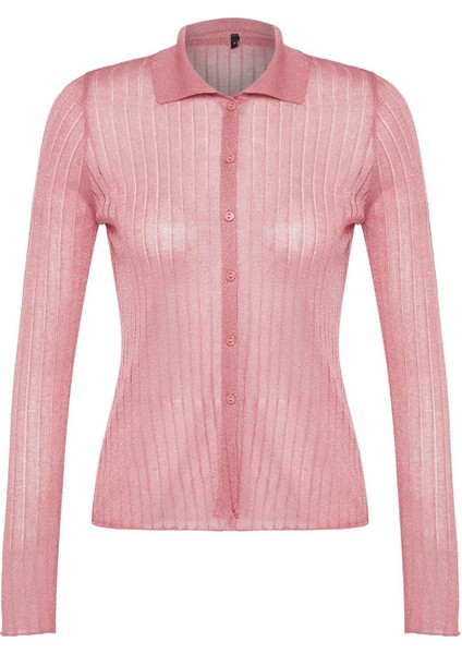 Kadın Moda Şık Regular Polo Yaka Slim Premium Iplik Transparan Görünümlü Triko Hırka