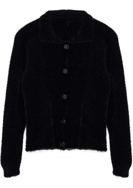 Kadın Moda Şık Regular Polo Yaka Regular Tüylü Polo Yaka Triko Hırka