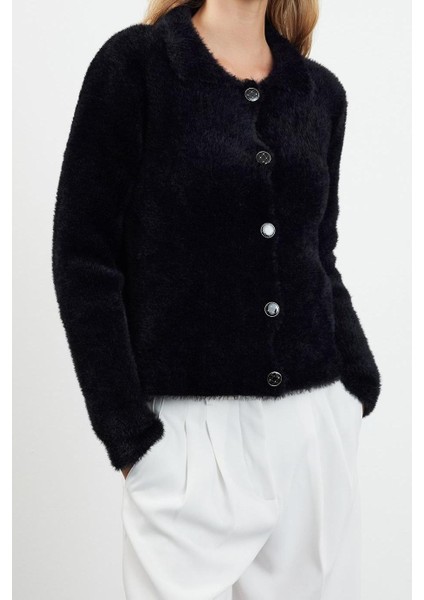 Kadın Moda Şık Regular Polo Yaka Regular Tüylü Polo Yaka Triko Hırka