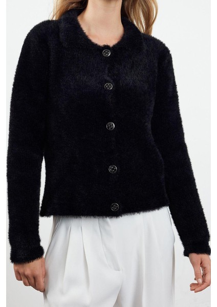 Kadın Moda Şık Regular Polo Yaka Regular Tüylü Polo Yaka Triko Hırka