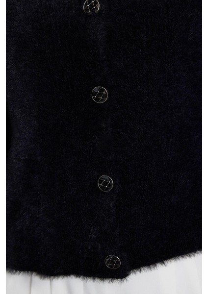 Kadın Moda Şık Regular Polo Yaka Regular Tüylü Polo Yaka Triko Hırka