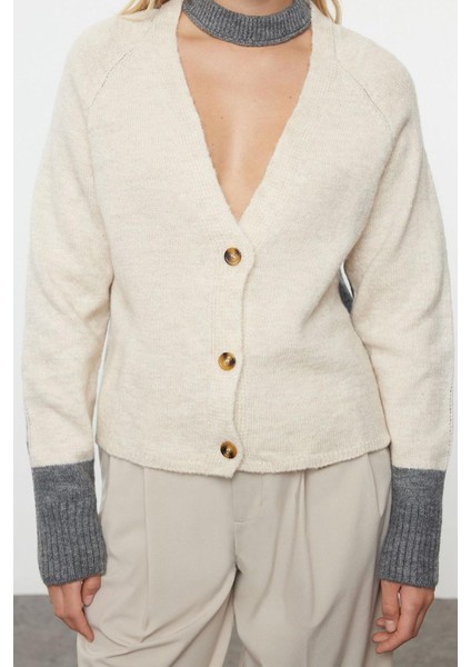 Kadın Moda Şık Regular V Yaka Regular Yumuşak Dokulu Renk Bloklu Triko Hırka