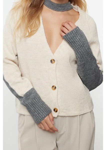 Kadın Moda Şık Regular V Yaka Regular Yumuşak Dokulu Renk Bloklu Triko Hırka fiyatları