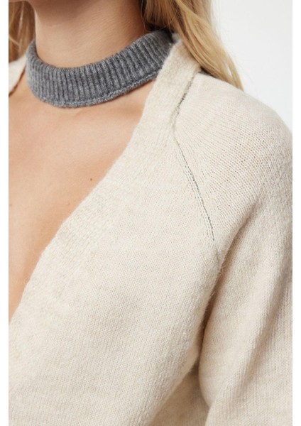 Kadın Moda Şık Regular V Yaka Regular Yumuşak Dokulu Renk Bloklu Triko Hırka fırsatları