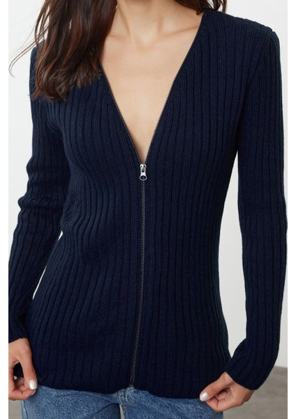 Kadın Moda Şık Midi V Yaka Slim Basic Fermuarlı Fitilli Triko Hırka modelleri