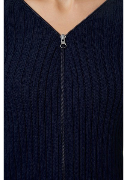 Kadın Moda Şık Midi V Yaka Slim Basic Fermuarlı Fitilli Triko Hırka fırsatları