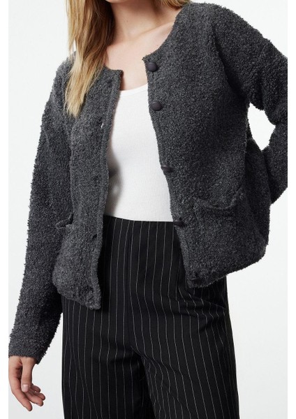 Kadın Moda Şık Regular Bisiklet Yaka Regular Buklet Cepli Triko Hırka modelleri