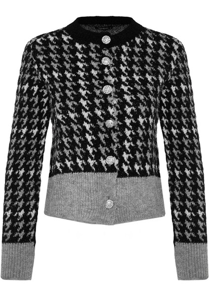 Kadın Moda Şık Regular Bisiklet Yaka Regular Buklet Iplikli Desenli Ceket Görünümlü Triko Hırka