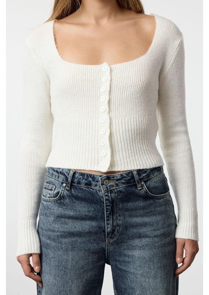 Kadın Moda Şık Crop Kare Yaka Regular Crop Kare Yaka Triko Hırka