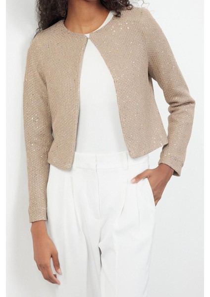 Kadın Moda Şık Crop Bisiklet Yaka Regular Crop Astarlı Payet Detaylı Ceket Görünümlü Triko Hırka