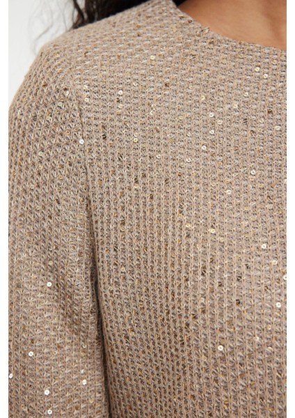 Kadın Moda Şık Crop Bisiklet Yaka Regular Crop Astarlı Payet Detaylı Ceket Görünümlü Triko Hırka