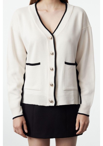 Kadın Moda Şık Regular V Yaka Oversize Geniş Kalıp Renk Bloklu Geniş Kalıp Triko Hırka