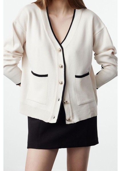 Kadın Moda Şık Regular V Yaka Oversize Geniş Kalıp Renk Bloklu Geniş Kalıp Triko Hırka fiyatları