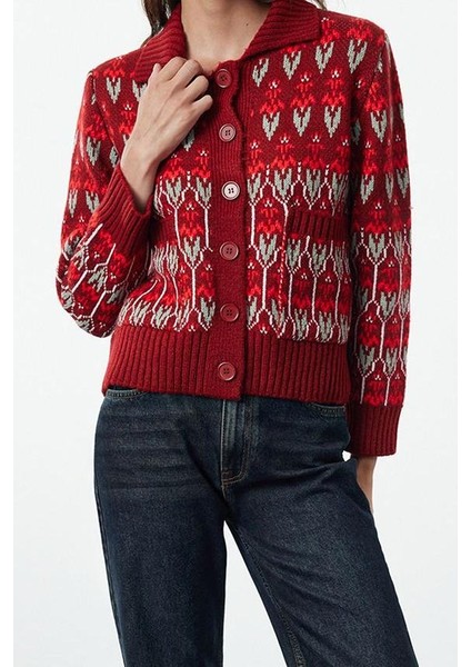 Kadın Moda Şık Regular Polo Yaka Regular Yumuşak Dokulu Polo Yaka Desenli Triko Hırka