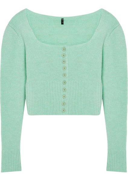 Kadın Moda Şık Crop Kare Yaka Regular Crop Kare Yaka Triko Hırka