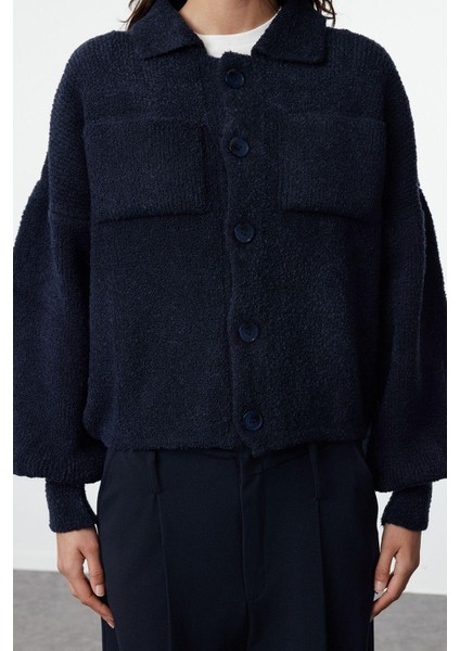 Kadın Moda Şık Regular Polo Yaka Regular Yumuşak Dokulu Mont Görünümlü Triko Hırka