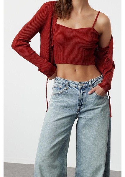 Kadın Moda Şık Crop V Yaka Slim Crop Bağlama Detaylı Bluz-Hırka Triko Takım