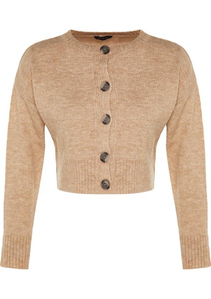 Kadın Moda Şık Crop Bisiklet Yaka Regular Crop Yumuşak Dokulu Düğmeli Triko Hırka