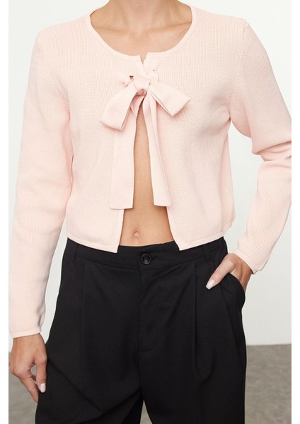 Kadın Moda Şık Crop Bisiklet Yaka Regular Crop Kurdele Fiyonk Detaylı Triko Hırka